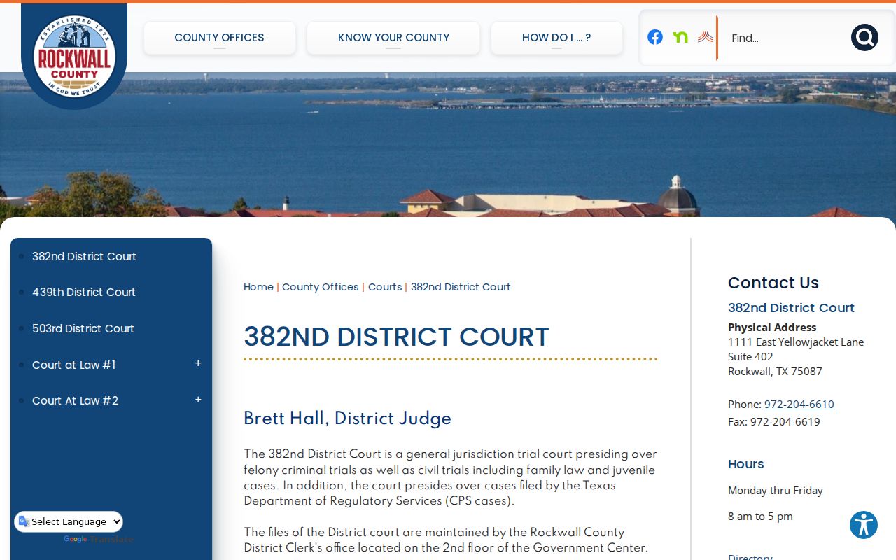 Official Rockwall County 382nd District Court page describing felony jurisdiction