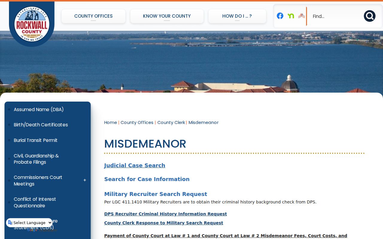 Rockwall County Clerk misdemeanor records page linking to Judicial Case Search