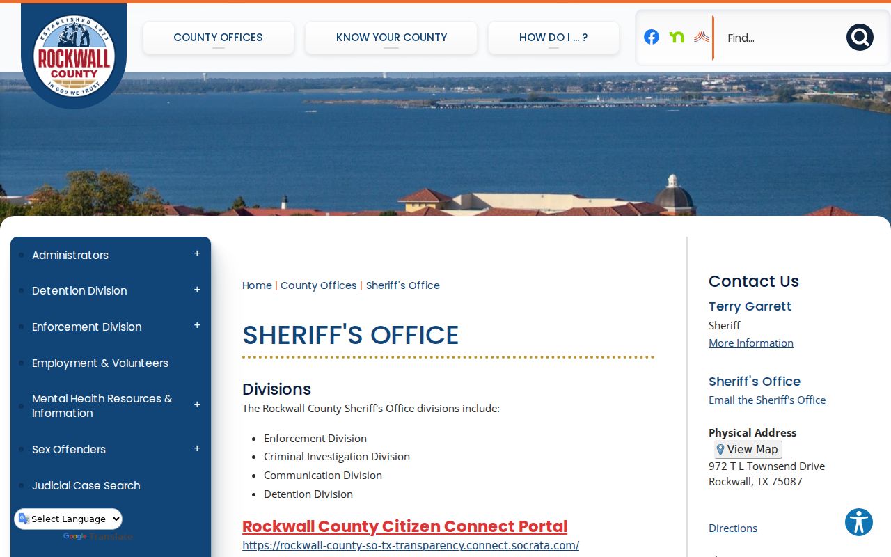 Official Rockwall County Sheriff's Office webpage with agency contact information
